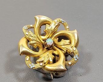 gold brooch opal cabochon enamel antique sentimental forget me not flowers