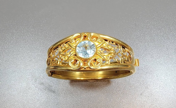blue stone bangle Victorian revival style  bracelet wide filigree hinged