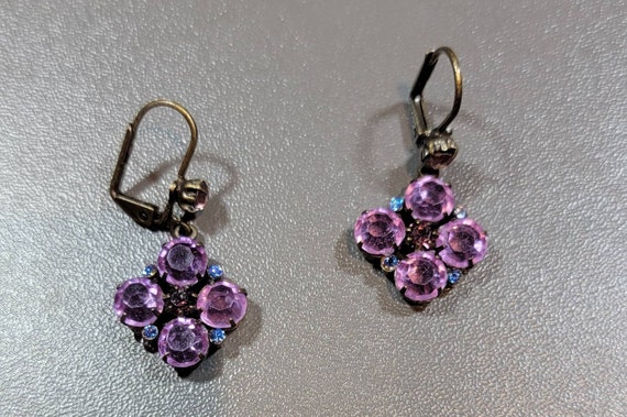 purple rhinestone earrings tiny blue accets antique style pierced