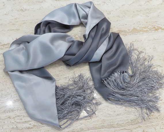 Large silk two color silver grey fringed scarf si… - image 6