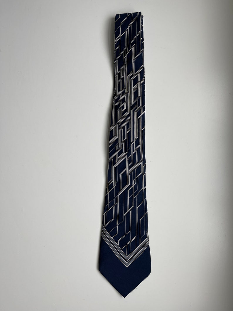 Vintage Lanvin Silk Tie Blue, White, Grey Geometric Design Made in France Bild 4
