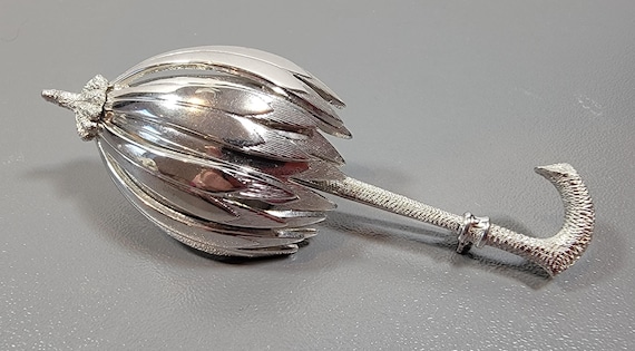 Coro brooch silver tone metal shiny umbrella design