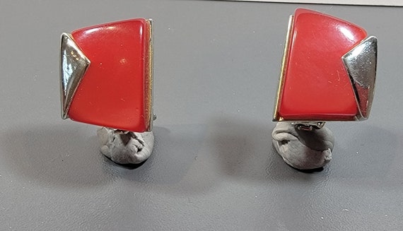 red earrings vintage clip ons gold tone fifties charel novelty