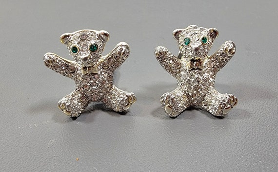 teddy bear earrings clip on rhinestone