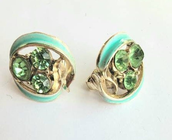 Green earrings clip on green rhinestones - image 8