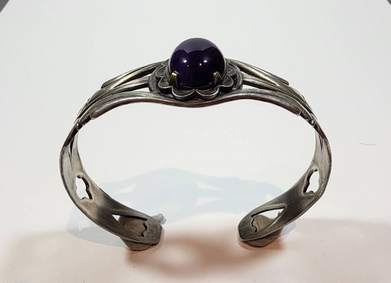 amethyst cabochon bracelet silver tone metal cuff - image 6