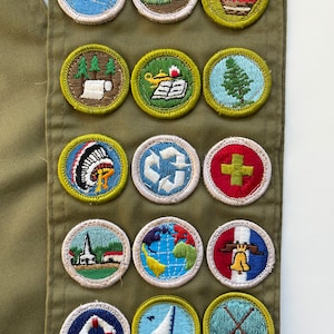 Vintage Boy Scout Badges on Merit Badge Sash 15 BSA Badges Camping Swimming Forestry Reading Lifesaving basketry, Pulp and Paper image 2