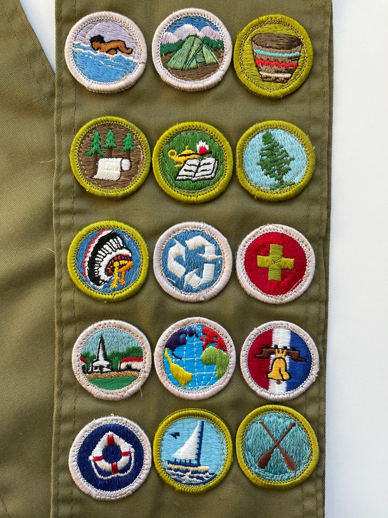 Vintage Boy Scout Badges on Merit Badge Sash 15 BSA Badges Camping Swimming Forestry Reading Lifesaving basketry, Pulp and Paper image 2