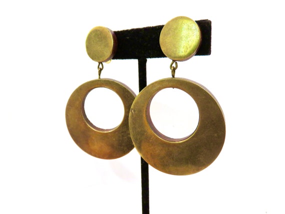 Boho earrings dangle hoops wood and brass clip on boom boom style earrings
