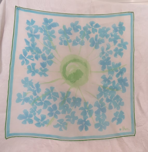 Vintage vera scarf blue and green Silk blend  cheerful flowers and sun design