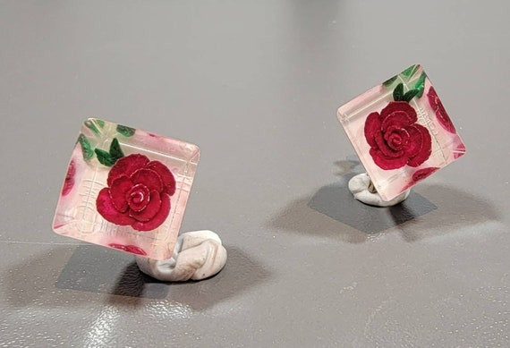rose earrings Lucite Earrings Reverse Carved Flowers Circa 1960