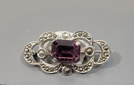purple rhinestone brooch silver tone metal marcasite