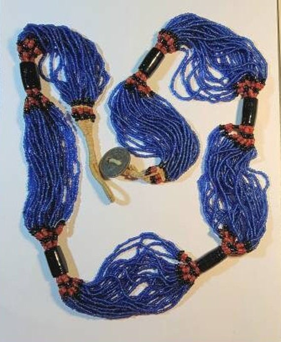 blue glass bead necklace Multi strand torsade red 