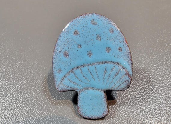 mushroom brooch blue enamel on copper artisan made hand made