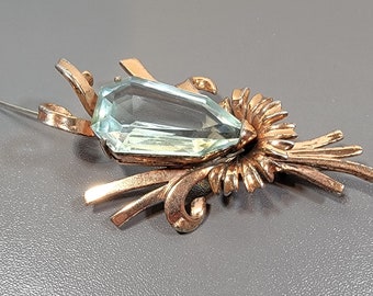 orchid brooch Aquamarine glass retro flower pin Rose gold plate