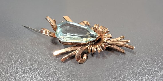orchid brooch Aquamarine glass retro flower pin Rose gold plate