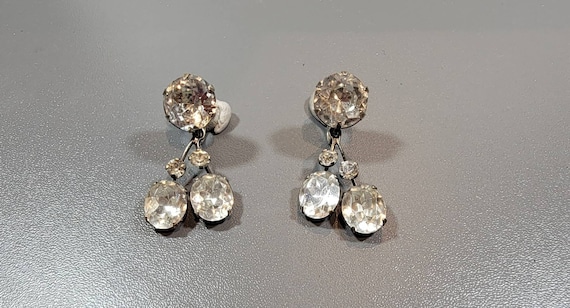 art deco earrings dangle rhinestone large prong set oval screw ons