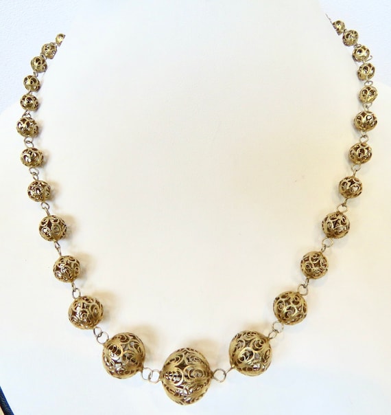 Filigree bead necklace graduated gold washed ster… - image 1