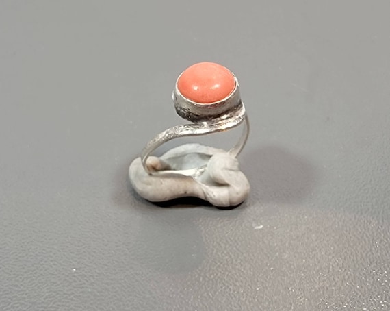 coral ring tribal silver big cabochon