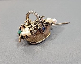 flower basket brooch silver faux pearls semiprecious stones