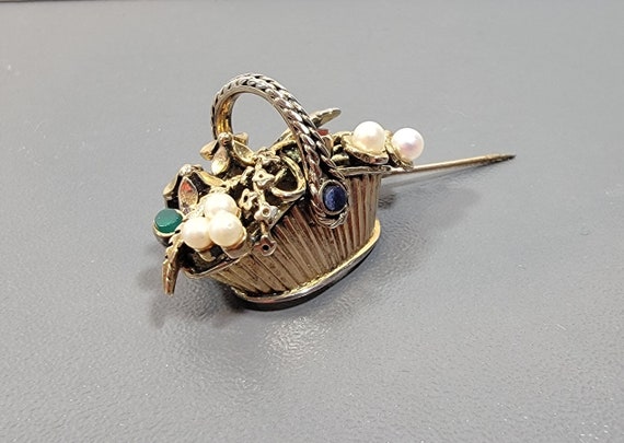 flower basket brooch silver faux pearls semiprecious stones