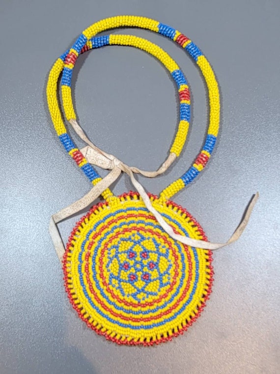 Africa beaded necklace yellow glass large pendant maasai