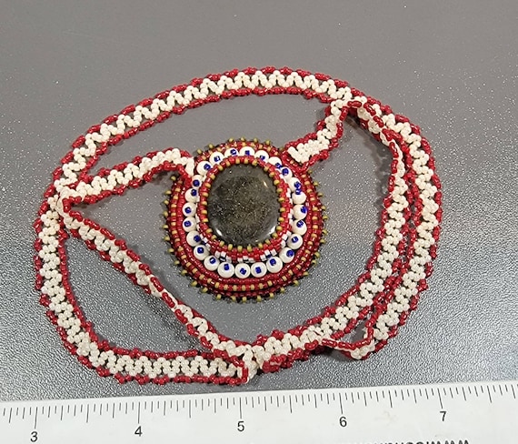 beaded necklace red white glass unknown oval stone pendant