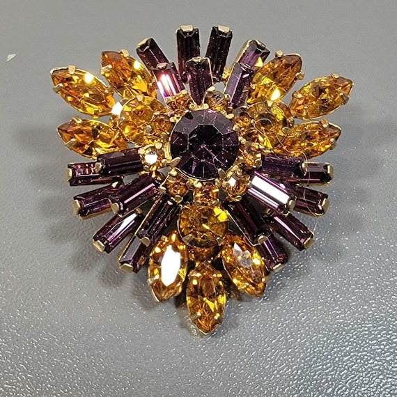 Rhinestone brooch purple and topaz stones large vintage blazer pin