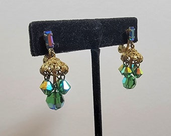 rhinestone earrings lewis segal pierced dangle drops green crystals
