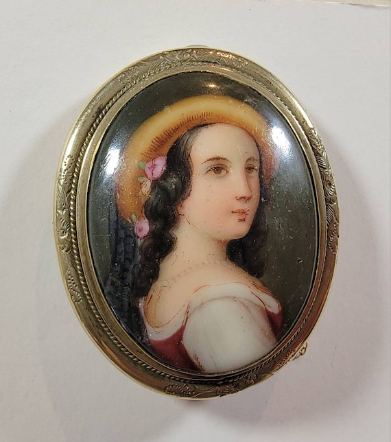 porcelain brooch victorian lovely lady high quality miniature painting