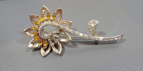 Bold rhinestone blossom brooch citrine glass navette petals