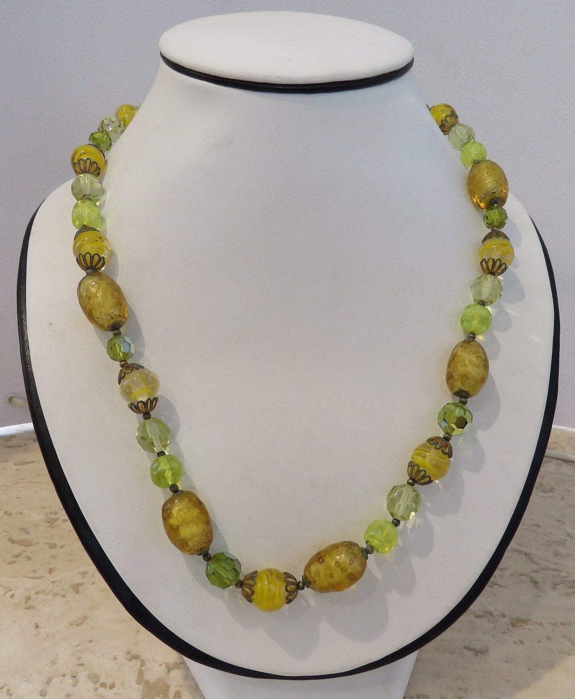 Yellow Glass Bead Necklace Acid Green Vaseline Art Glass Etsy