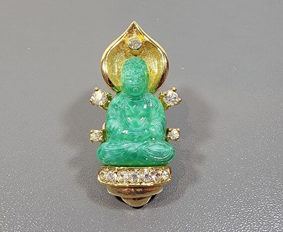 buddha brooch rhinestones green faux jade - image 5