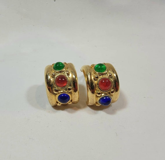 hoop earrings clip style ruby red emerald green sapphire blue rhinestones nineties
