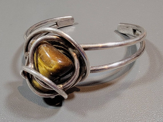 Boho cuff bracelet Tiger eye stone sterling silver bold