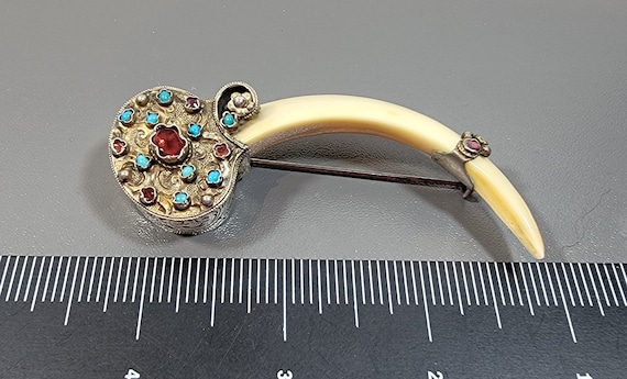 boar tooth brooch silver mount semiprecious stones antique Victorian
