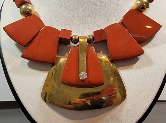 bib necklace massive jasper brass and cubic zirco… - image 10