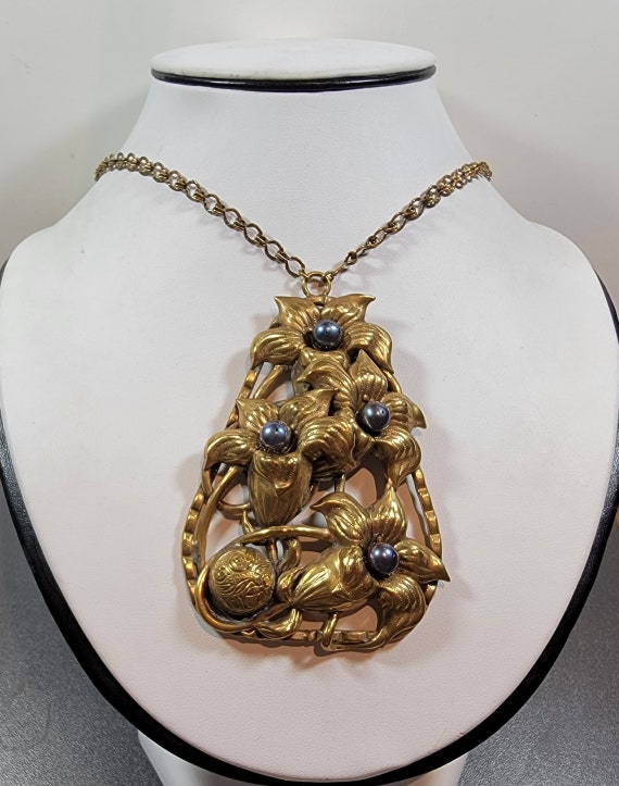huge floral pendant brass fake pearls antique