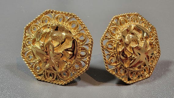 gold tone earrings big bold clip ons vintage boom boom style