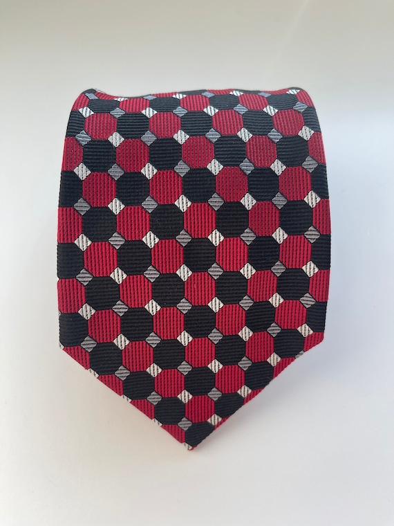 Turnbull & Asser Necktie Red Black and White Geometric Tie Vintage British tie Made in England