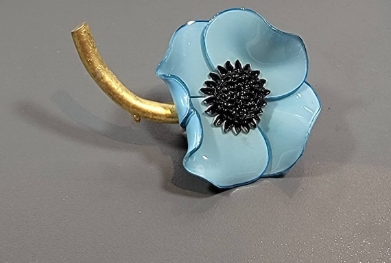 French Plastic Brooch Blue Poppy Fabrice France Plastic Brooch