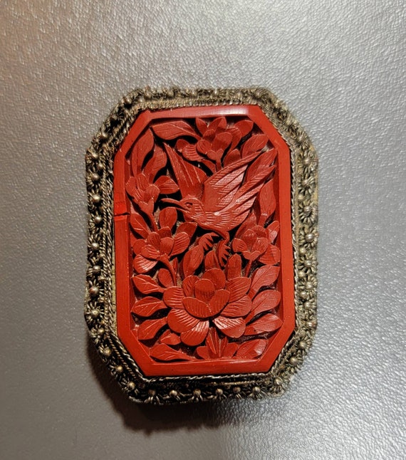 Art deco dress clip chinese carved cinnabar birds peonies