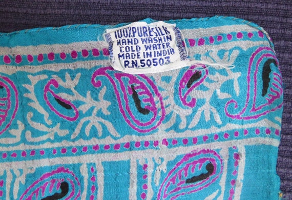 Aqua and Pink Silk Paisley scarf Hand printed OBL… - image 7