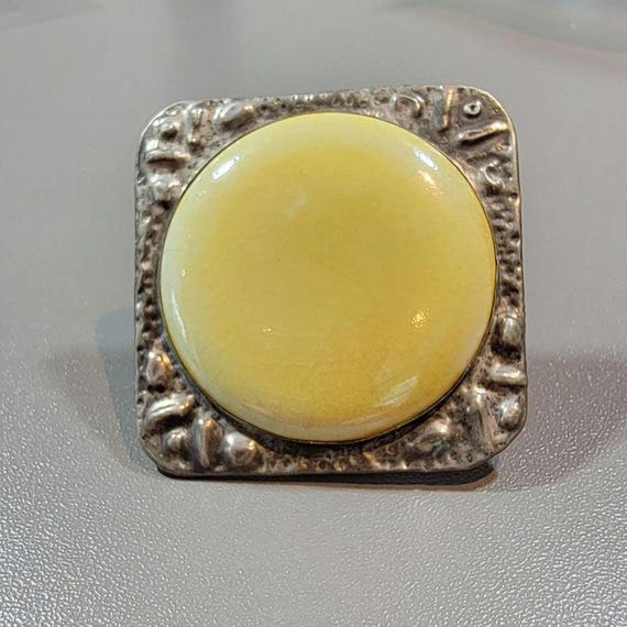 Antique brooch yellow  ceramic Ruskin stone arts and crafts pewter handmade