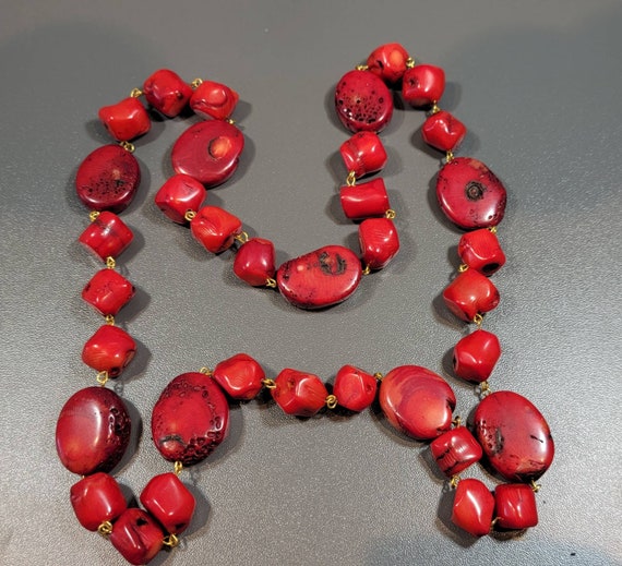 Coral Chunk Red Bead Necklace Chunky Dyed Bamboo Coral Long Strand