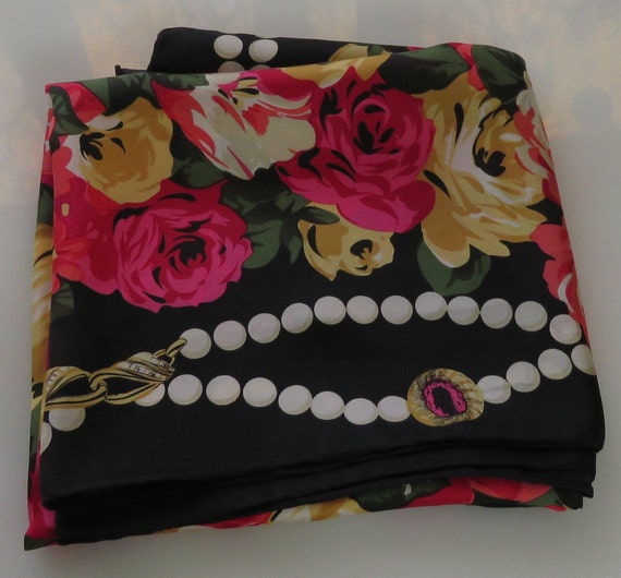 Rose silk scarf Glorious colors string of pearls … - image 1