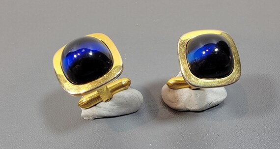 blue glass cabochon cufflinks vintage 1940's gold filled sugarloaf crystal accented lovely deep saturated color