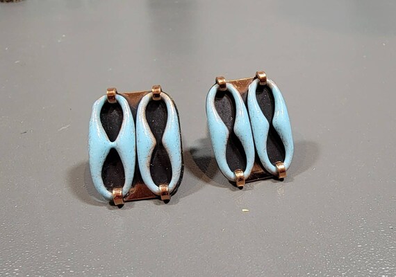 blue enamel earrings clip on copper vintage Matisse