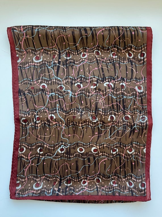 Silk Scarf Cocoa Brown Geometric Abstract Pattern Polka Dots with pink, light blue and white accents