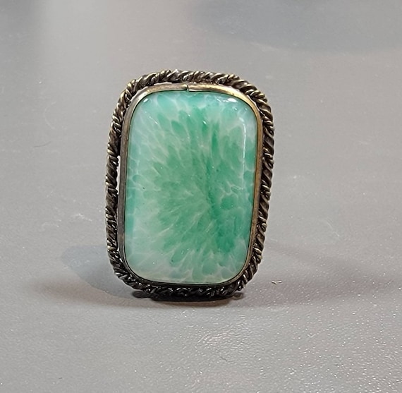 green glass brooch faux jade stone rectangular Peking glass